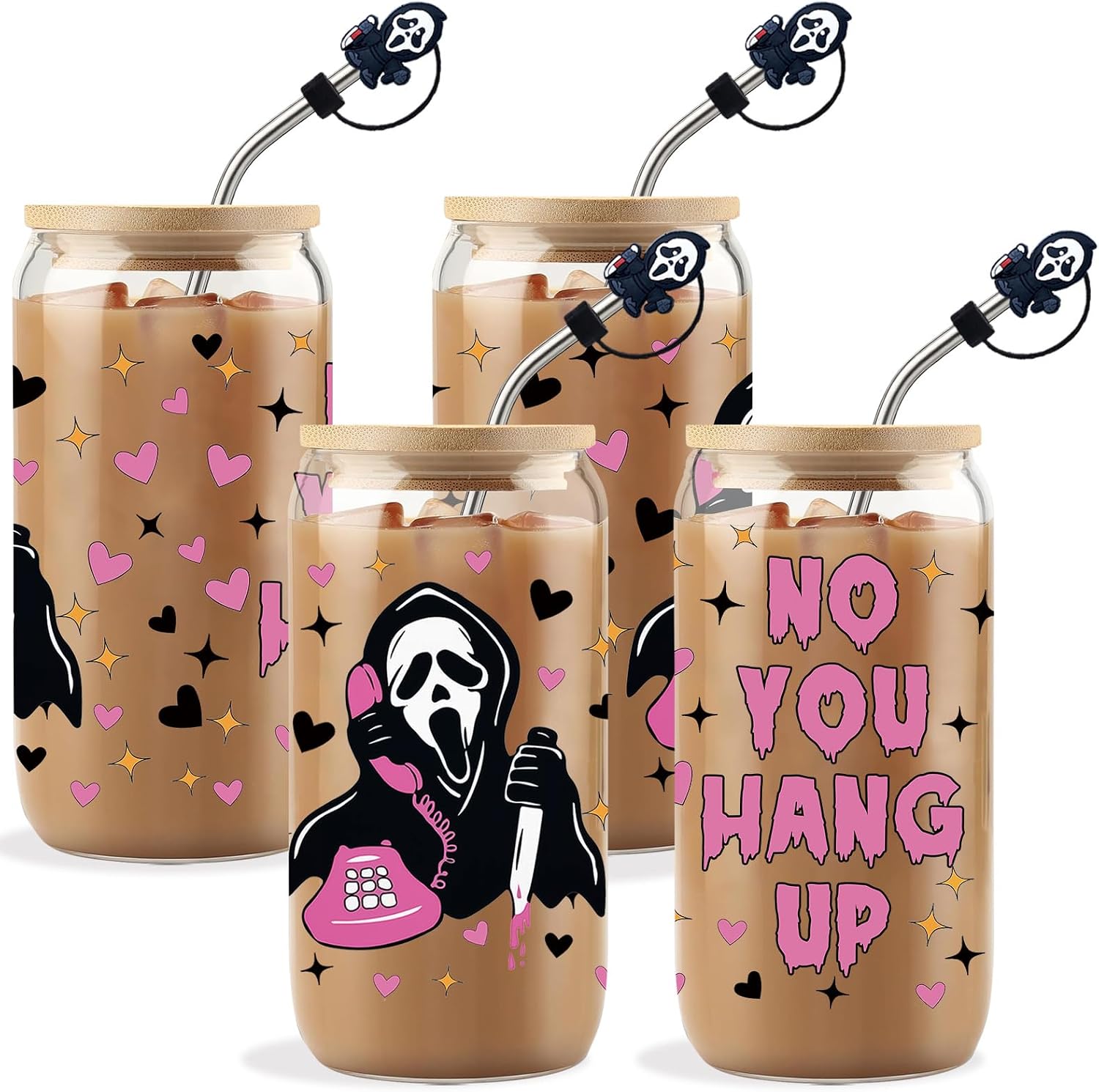Halloween Ghost Glass Cups with Lids and Straws Scream Skull Coffee Mug | 16oz Halloween Iced Coffee Tumblers Box for Adults Gifts Include 1 Silicone Straw Covers