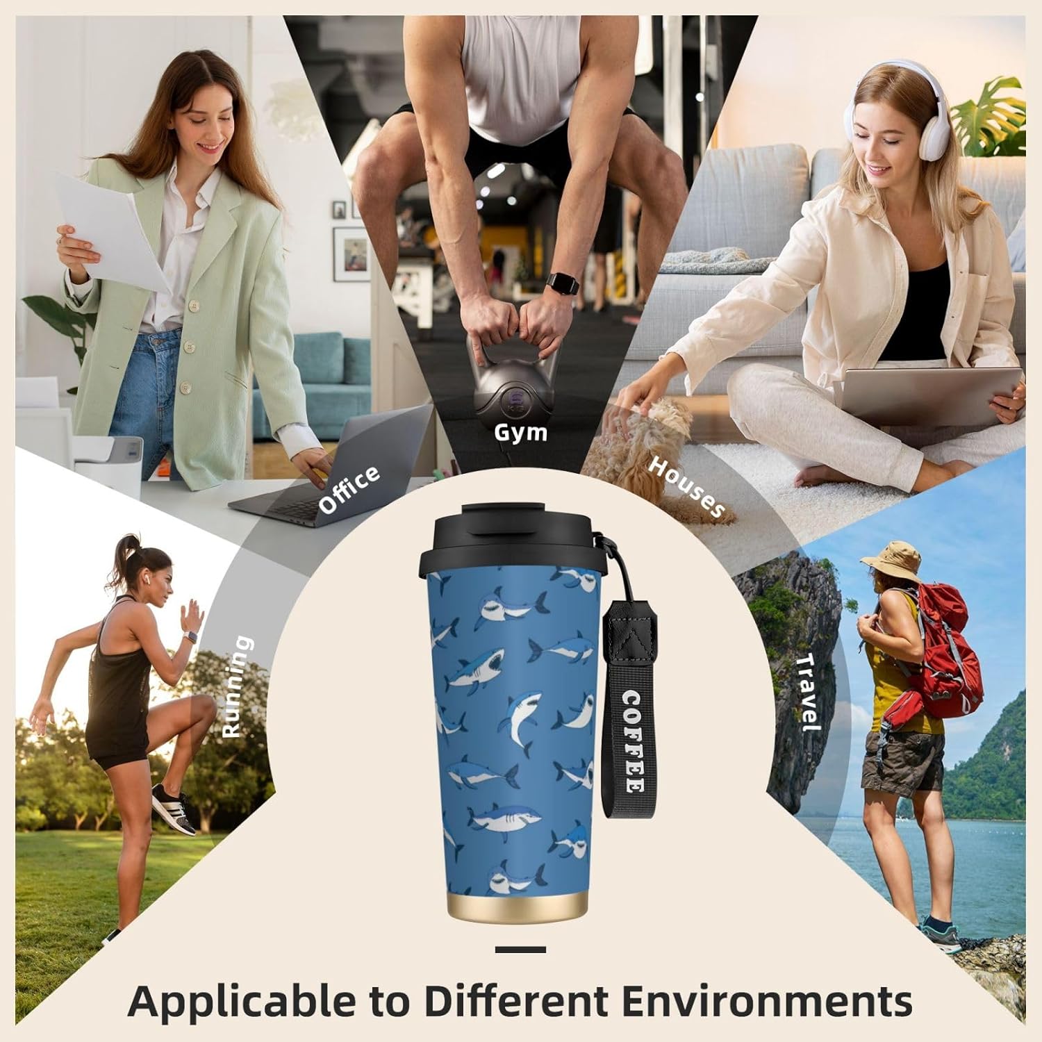 Shark Insulated Coffee Tumbler with Lid Blue Stainless Steel Travel Coffee Mug Vacuum Insulated Reusable Cup Water Bottle