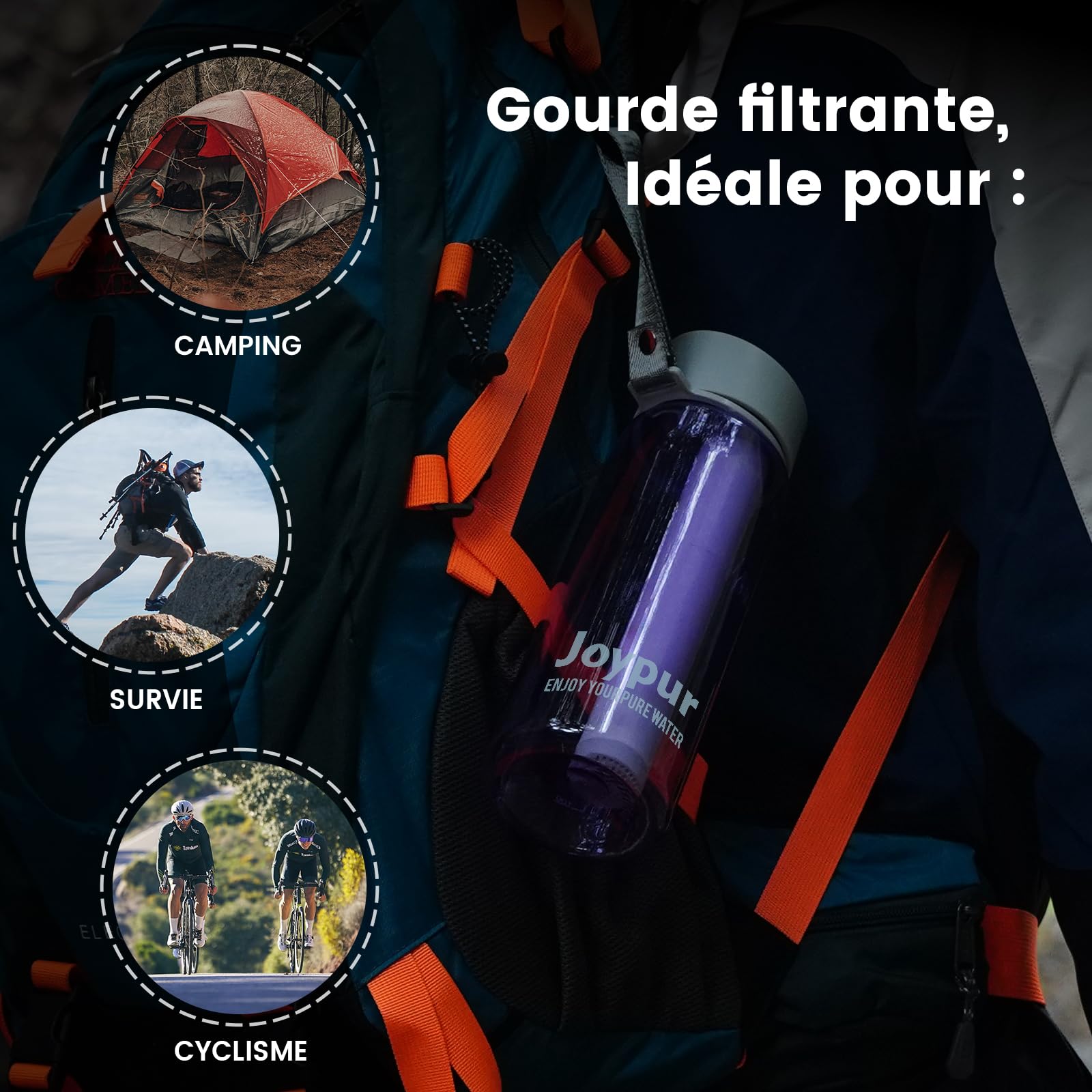 Gourde filtrante eau non potable Bouteille d'eau extérieure avec filtre 650 ml Filtre à eau de survie avec 5 couches de matériaux filtrants pour le sport Camping Randonnée,Violet
