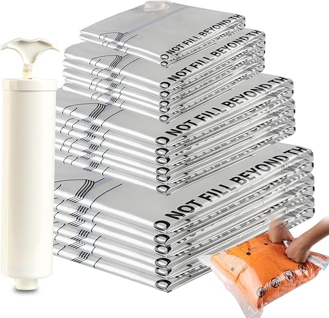 Amazon Brand - Eono 20-Pack of Premium Vacuum Compression Bags with Hand Pump - 2 Travel bags, 2 Small, 6 Medium, 5 Large, 5 Jumbo