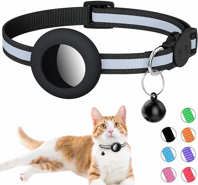 Airtag Cat Collar, Reflective Air tag Cat Collar with Bell and Prefect Size Waterproof Airtag Holder Compatible with Apple Airtag, Cat AirTag Collar with Breakaway Safety Buckle for Kitten Puppy