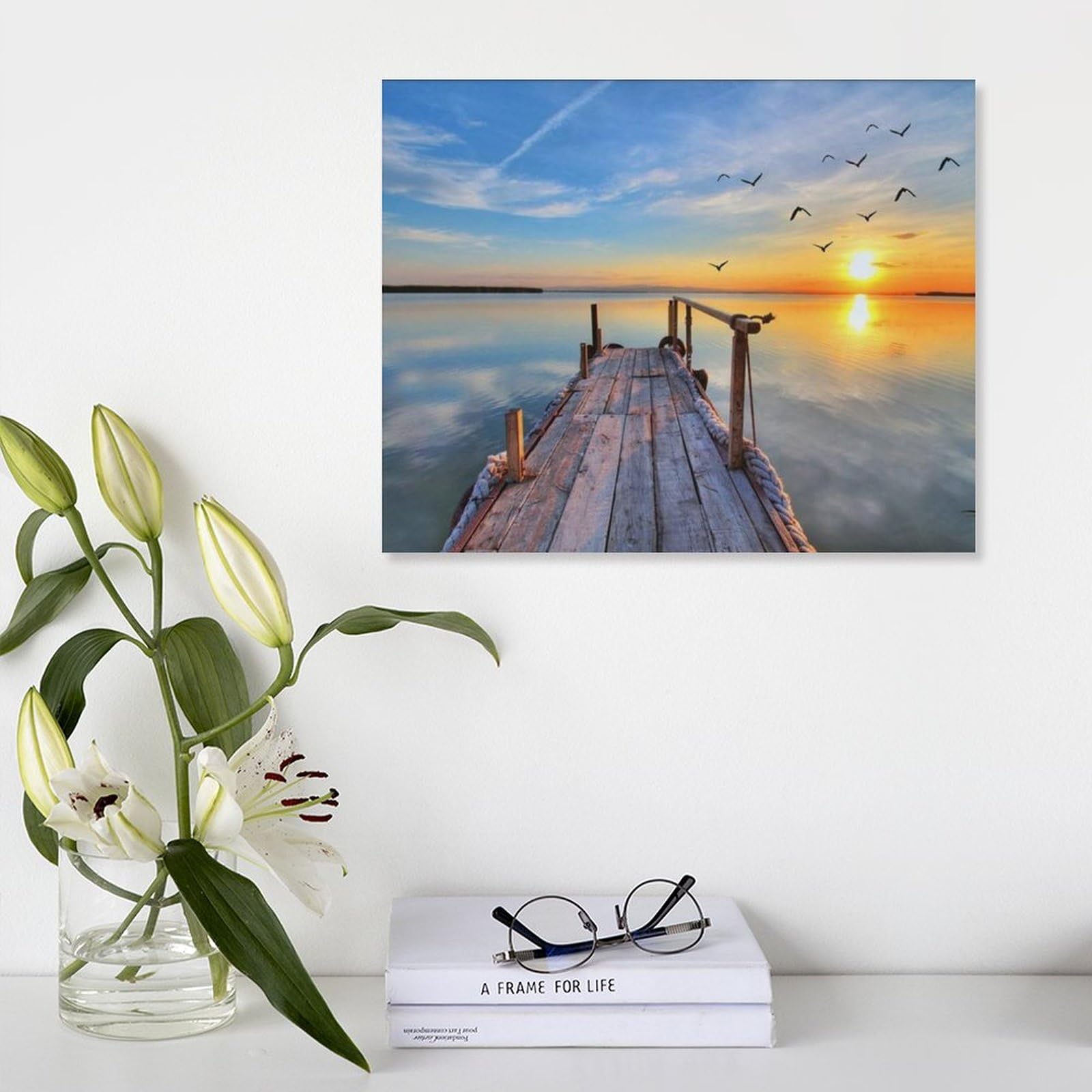 Amazon.co.jp: 絵画 夕暮れ時の鳥のいる湖の桟橋インテリア 絵画 夢の