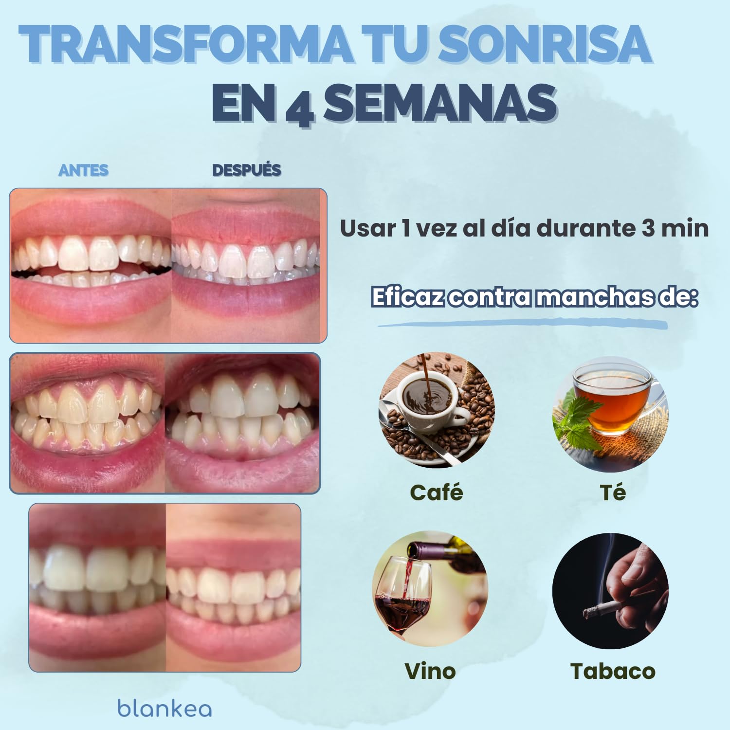Blankea Polvo Blanqueador Dental Profesional - Pasta de Dientes Blanqueante - Blanqueamiento Dental en Casa - Elimina las Manchas de Café, Té, Vino, Sarro y Placa Dental (40 g (1 caja))