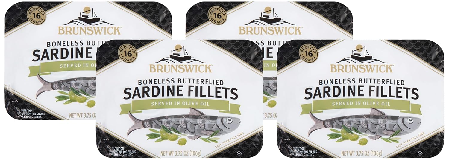 Brunswick Sardines in Olive Oil with Hot Peppers, 3.75 oz Can (Pack of 12) - Boneless Butterflied Sardine Fillets - Wild Caught - 16g Protein per Serving - Gluten Free, Keto Friendly