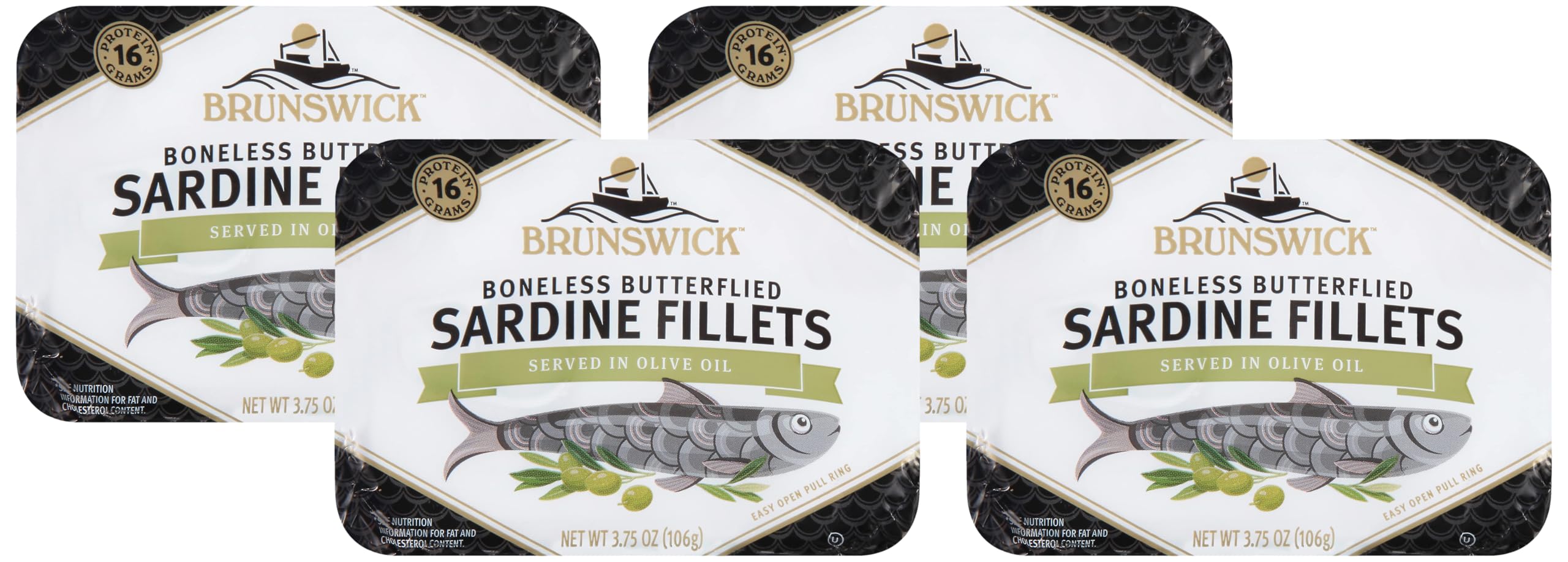 Brunswick Sardines in Olive Oil, 3.75 oz Can - Boneless Butterflied Sardine Fillets - Wild Caught - 17g Protein per Serving - Gluten Free, Keto Friendly (Pack of 4)