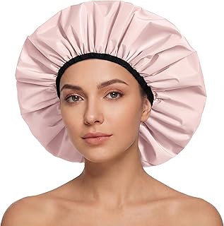 Extra Large Shower Caps for Women Reusable Waterproof, Double-Layer Washable Jumbo Bath Hair Bonnet, Satin Lining Shower Hat for Thick, Curly, Long Hair, Braids(Big Pink)