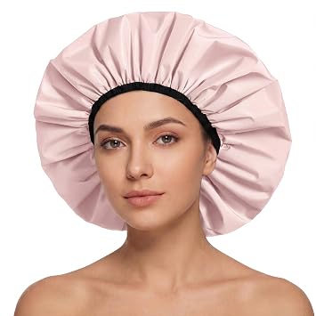 Extra Large Shower Cap for Women, Reusable Waterproof Shower Bonnet with Satin Lining, Double Layer Washable Bath Hair Cap for Braids, Locs, Long Thick Curly Hair, Natural HairBig Pink