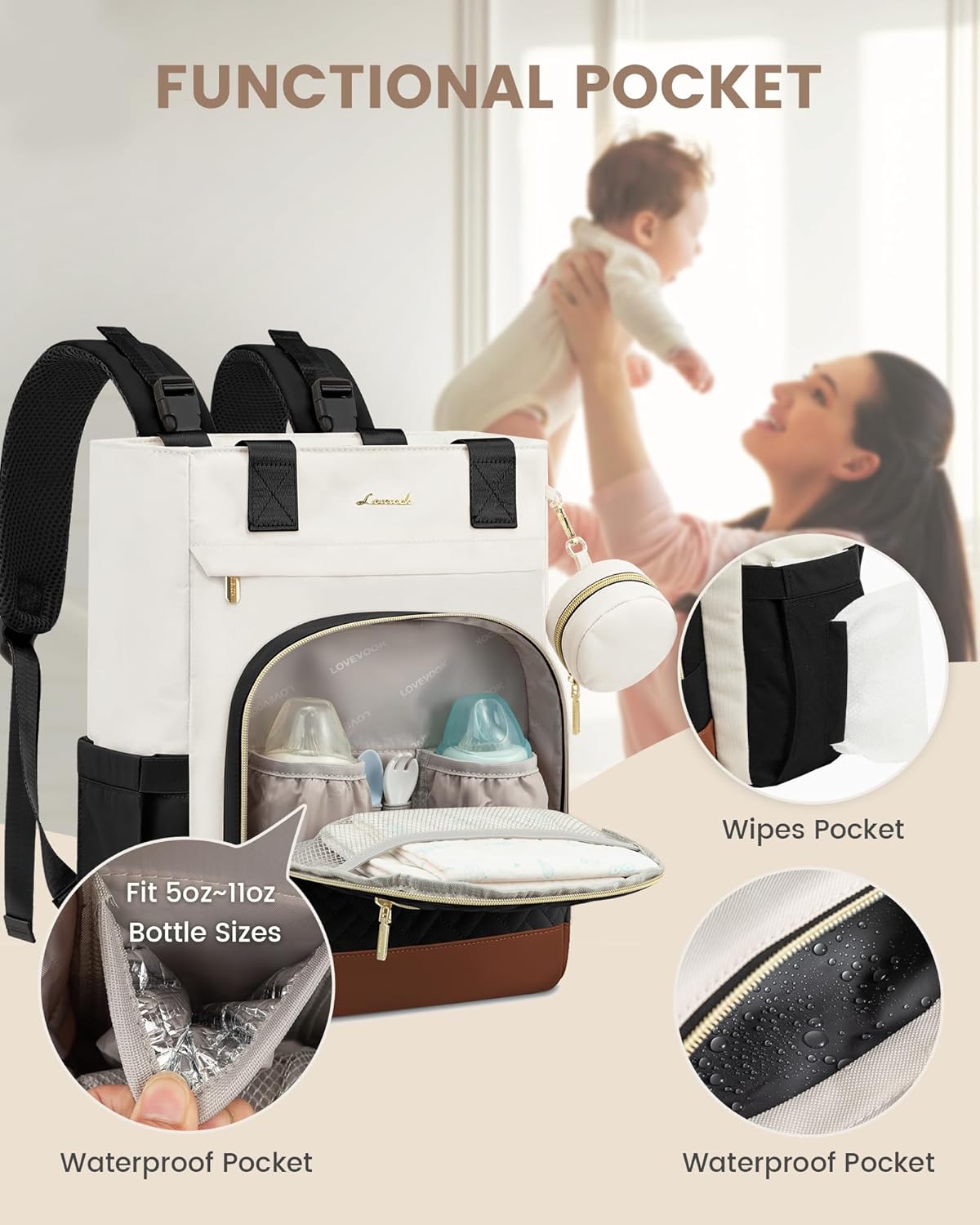 LOVEVOOK Diaper Bag Backpack, Large Capacity Portable Baby Bag with Foldable Diaper Changing Pad, Waterproof Baby Diaper Bags Gift for Mon Dad, Ivory Ebony