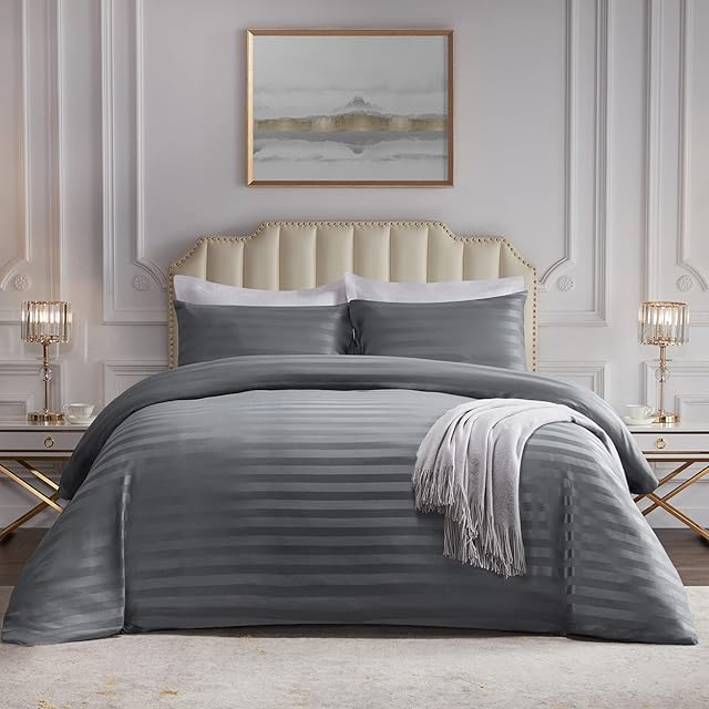 Lifewit Single Duvet Cover Set, Satin Stripe Reversible Soft Quilt Cover Bedding Set with 1 Pillowcase, 135 x 200 cm, Grey
