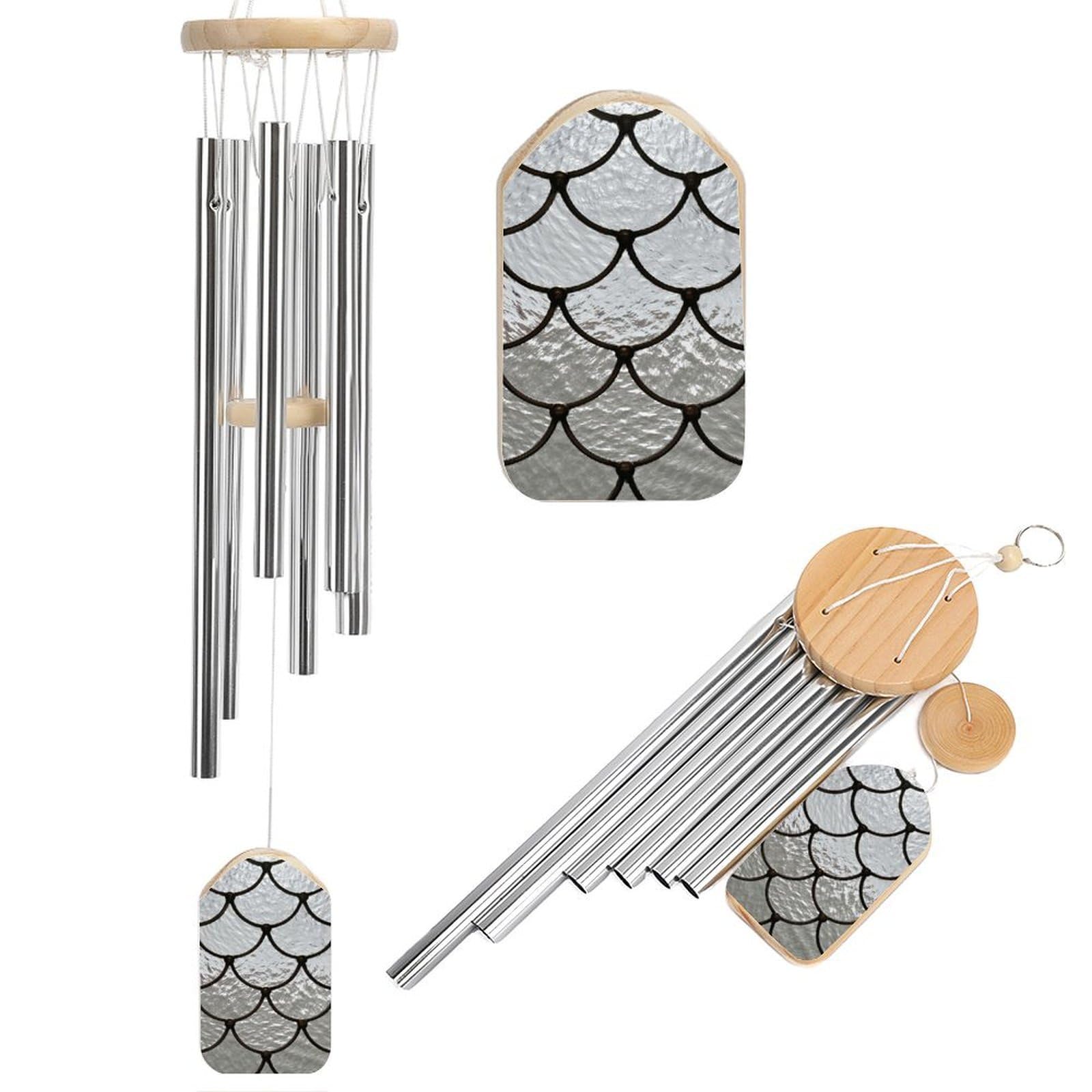 Gray Stained Glass Pattern Interlocking Fish Scale Wind Chimes Memorial Deep Tone Windchime with 6 Aluminum Tubes Outdoor Backyard Garden Decoration