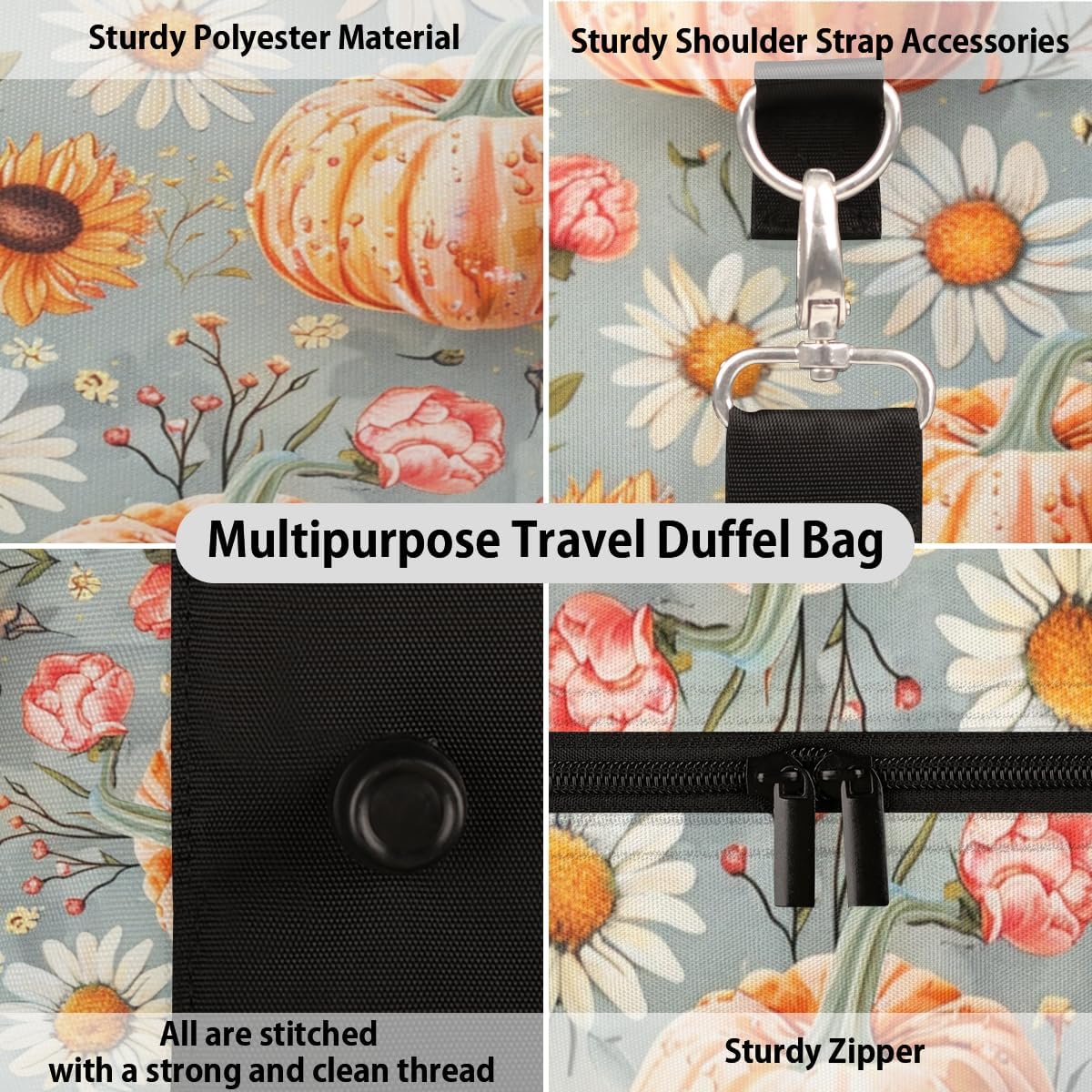 Pumpkins Chrysanthemums Travel Duffel Bag for Women Men Large Capacity Overnight Weekender Bags for Lightweight Waterproof Sport Gym Bag for Workout Yoga Swim