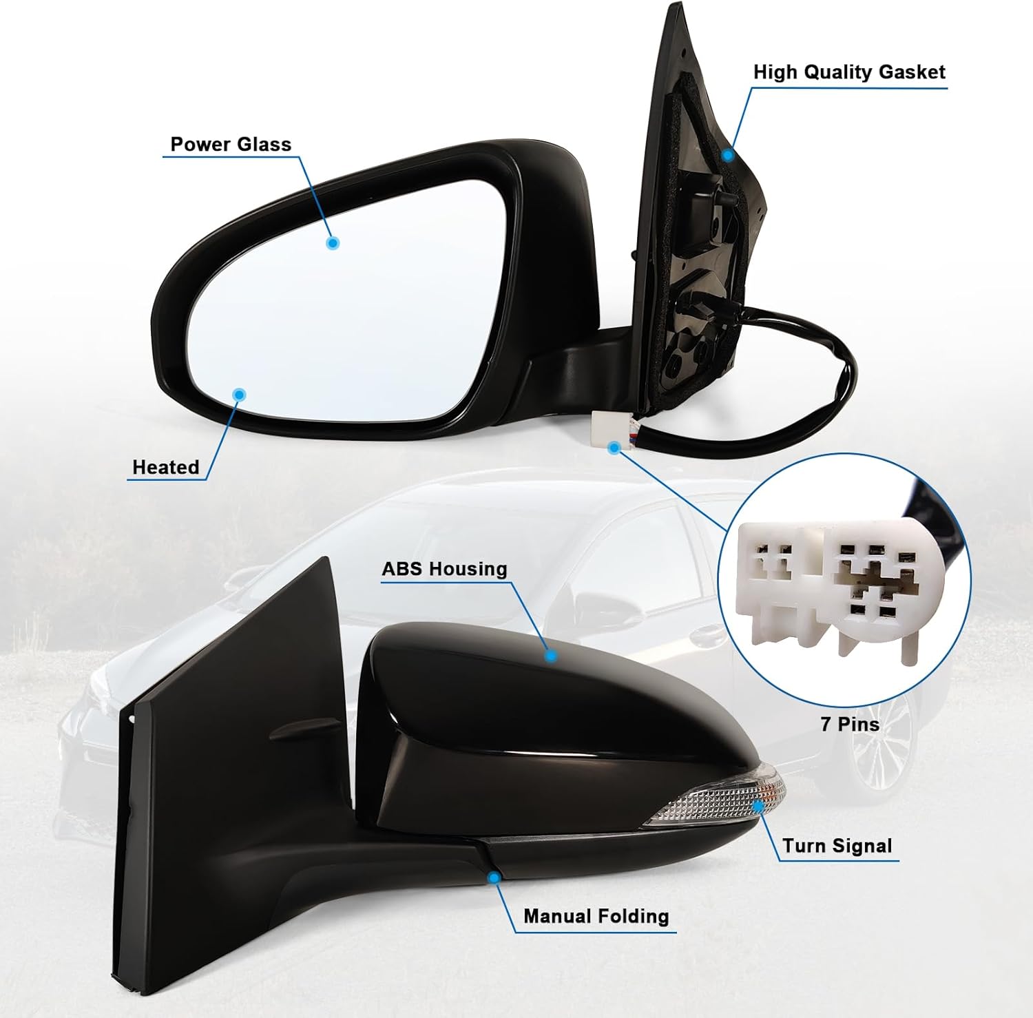 Left Driver side Mirror Fits 2014-2018 Toyota Corolla Sedan/Hatchback with Power Glass Heated and Turn signals without Blind Spot Match Black Replace 8794002F51(7Pins)