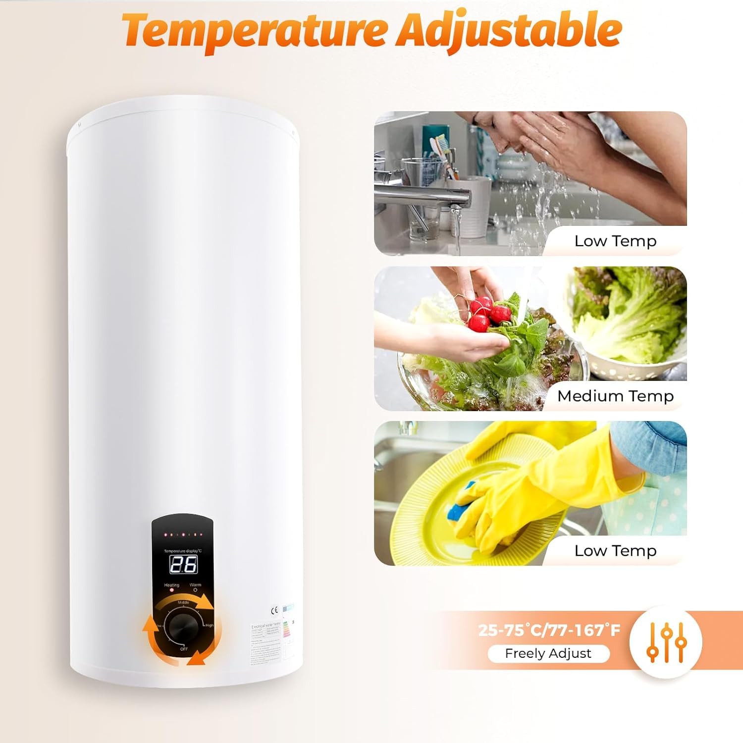 Podgrzewacz przepływowy bojler 60 l | elektryczny bojler ciepłej wody 60 l 25-75 °C | Ekran LED | 220 V 2000 W 0,7 MPa IPX4 | nadaje się do kuchni, łazienki i kampera | pionowa konstrukcja kolumnowa