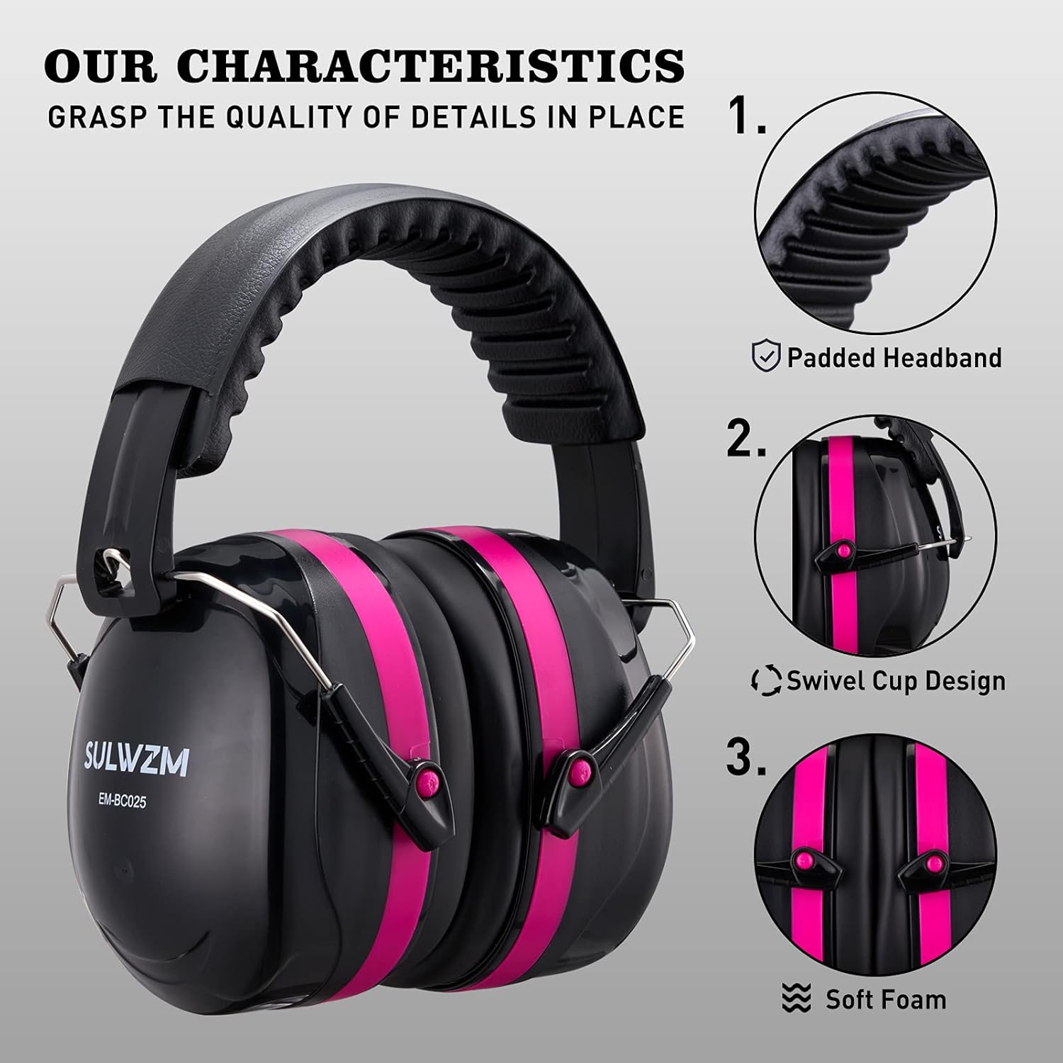 SULWZM Hearing Protection Ear Muffs,NRR 28db Noise Cancelling for Shooting, Mowing, Construction,Rose - - 