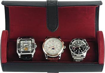 TIMELYBUYS Deluxe Black Saffiano 3 Watch Bangle Bracelet Travel Watch Case and Jewelry Roll