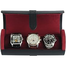 TIMELYBUYS Deluxe Black Saffiano 3 شاهد Bangle Bracelet Travel Watch Case and Jewelry Roll