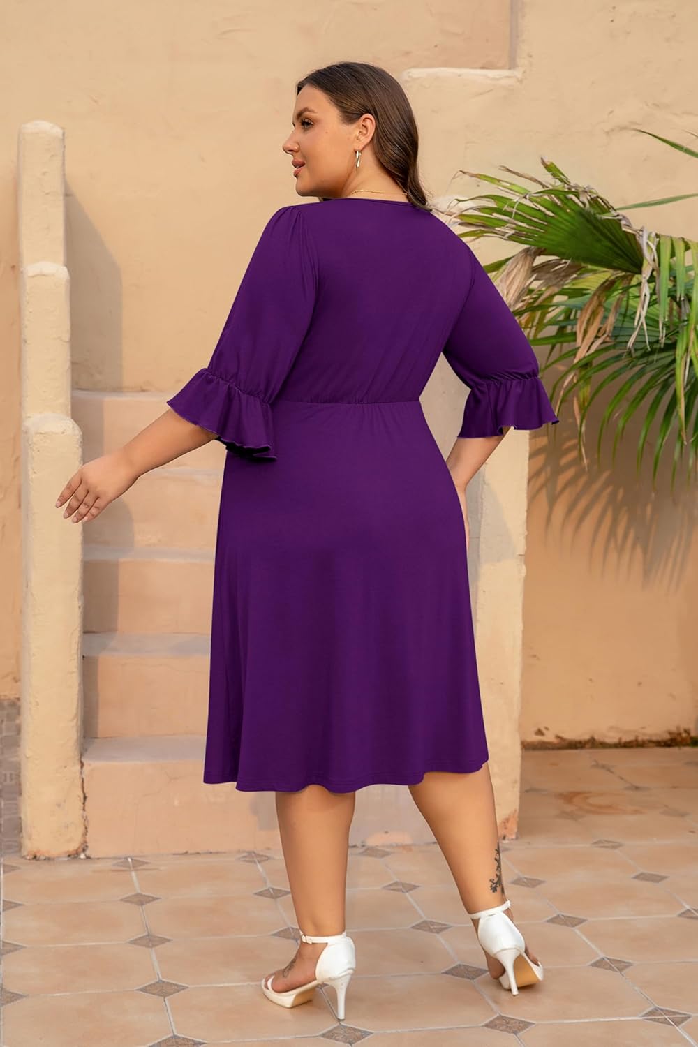 Women's Plus Size Dresses Casual 3/4 Ruffle Sleeve Crew Neck Twist Knot Wrap Slit Hem Dress with 1 Pocket - Image 4