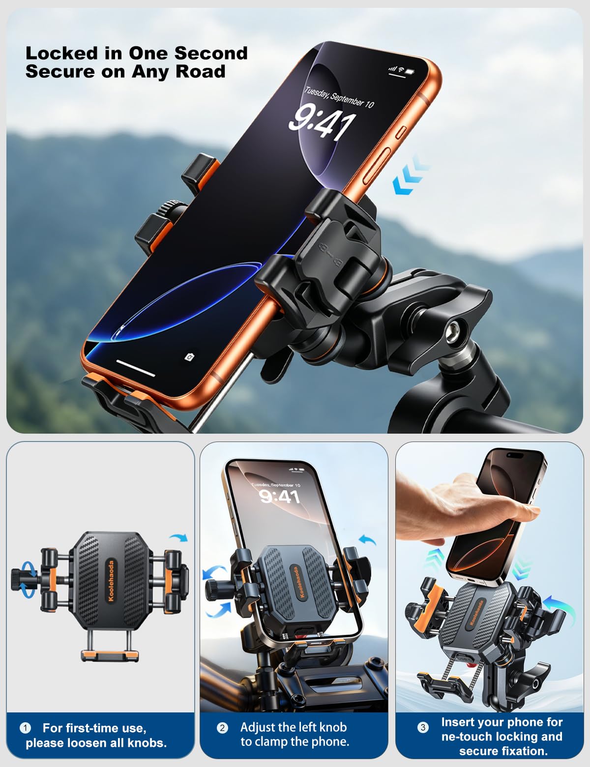 koolehaoda Support Telephone Moto avec Amortisseur de Vibrations [Double Amortisseur] Support de Téléphone Rotatif à 360° pour Moto, Vélo, VTT, UTV, Scooter Compatible avec 5,4-7,2" Smartphone