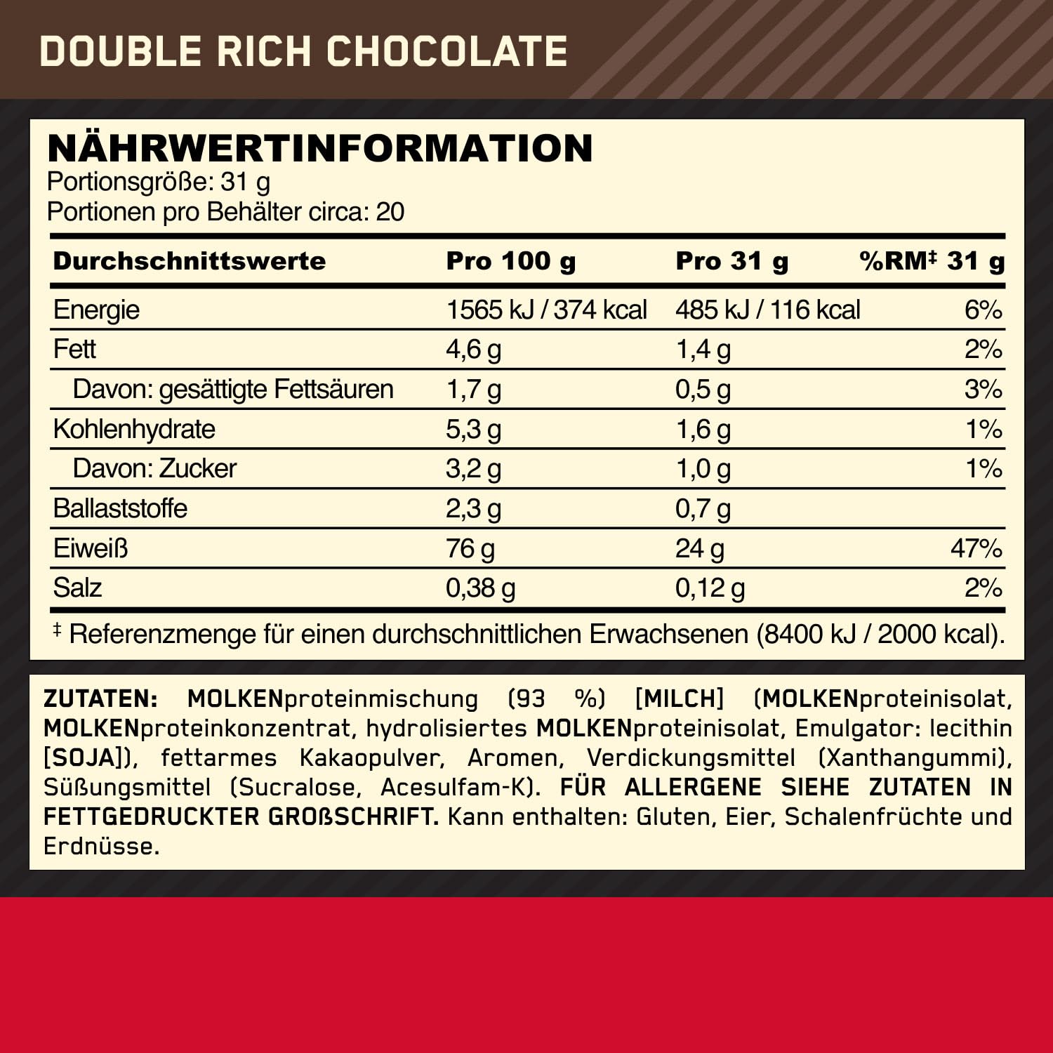 Optimum Nutrition Gold Standard 100% Whey, Proteinpulver, Geschmack Double Rich Chocolate, 620g, 20 Portionen