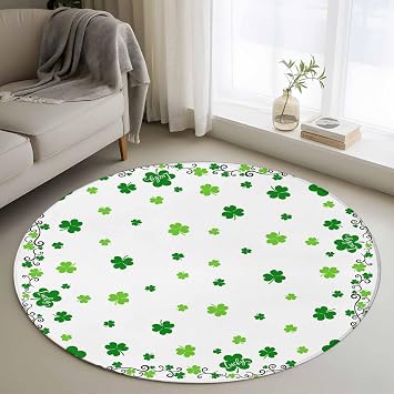 Shamrocks, Round Area Rug 3 FT, Small Kitchen Bathroom Mat, Saint Patricks Day Green Clover Green White Washable Indoor Outdoor Throw Runner Carpet Non-Shedding Doormat for Table Shower Sofa Entryway