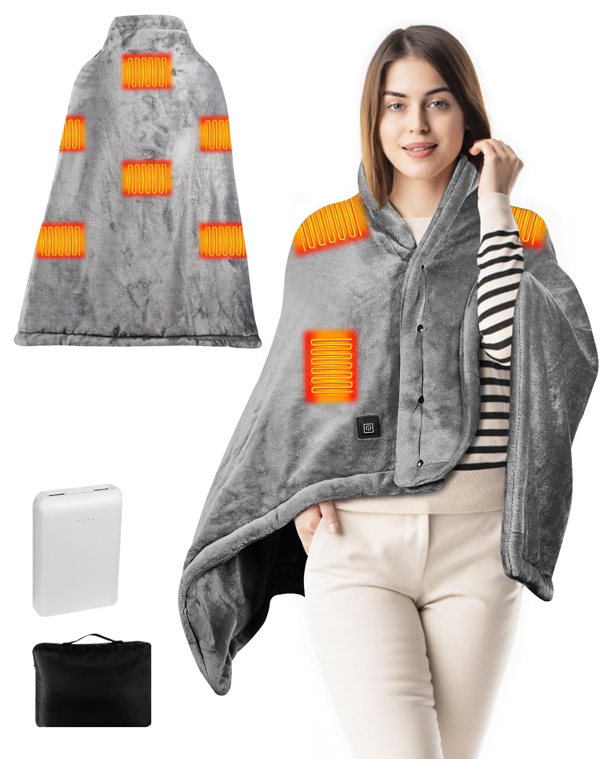 Heated Blanket Battery Operated, USB Cordless Electric Blanket with 10000mAH Battery and 3 Heating Levels, Grey