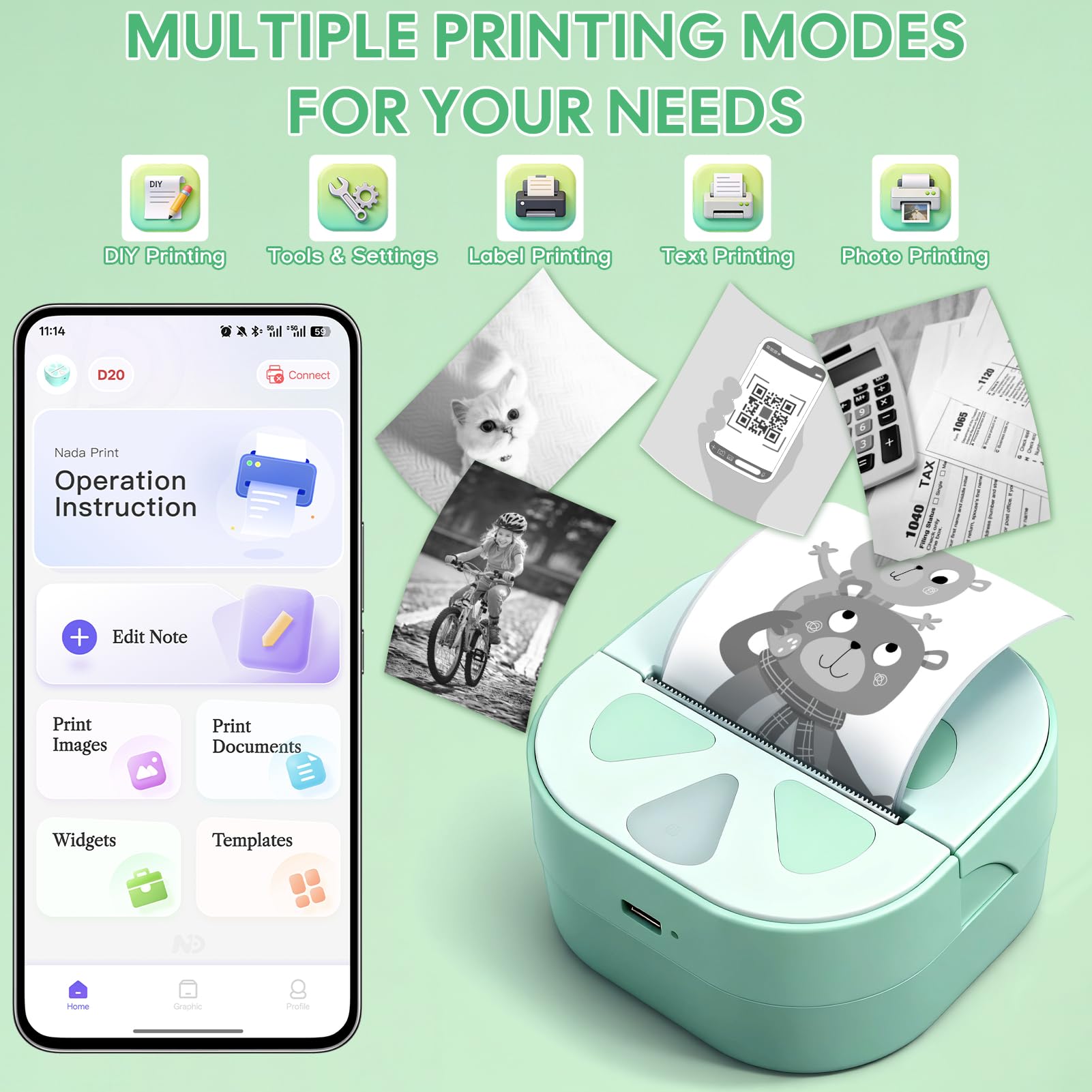 Mini Imprimante Thermique, Imprimante Photo Portable Sans Fil et Sans Encre Bluetooth,Compatible avec iOS/Android Mini Imprimante Autocollant avec 3 Rouleaux d'étiquettes pour étude Reçus Mémos