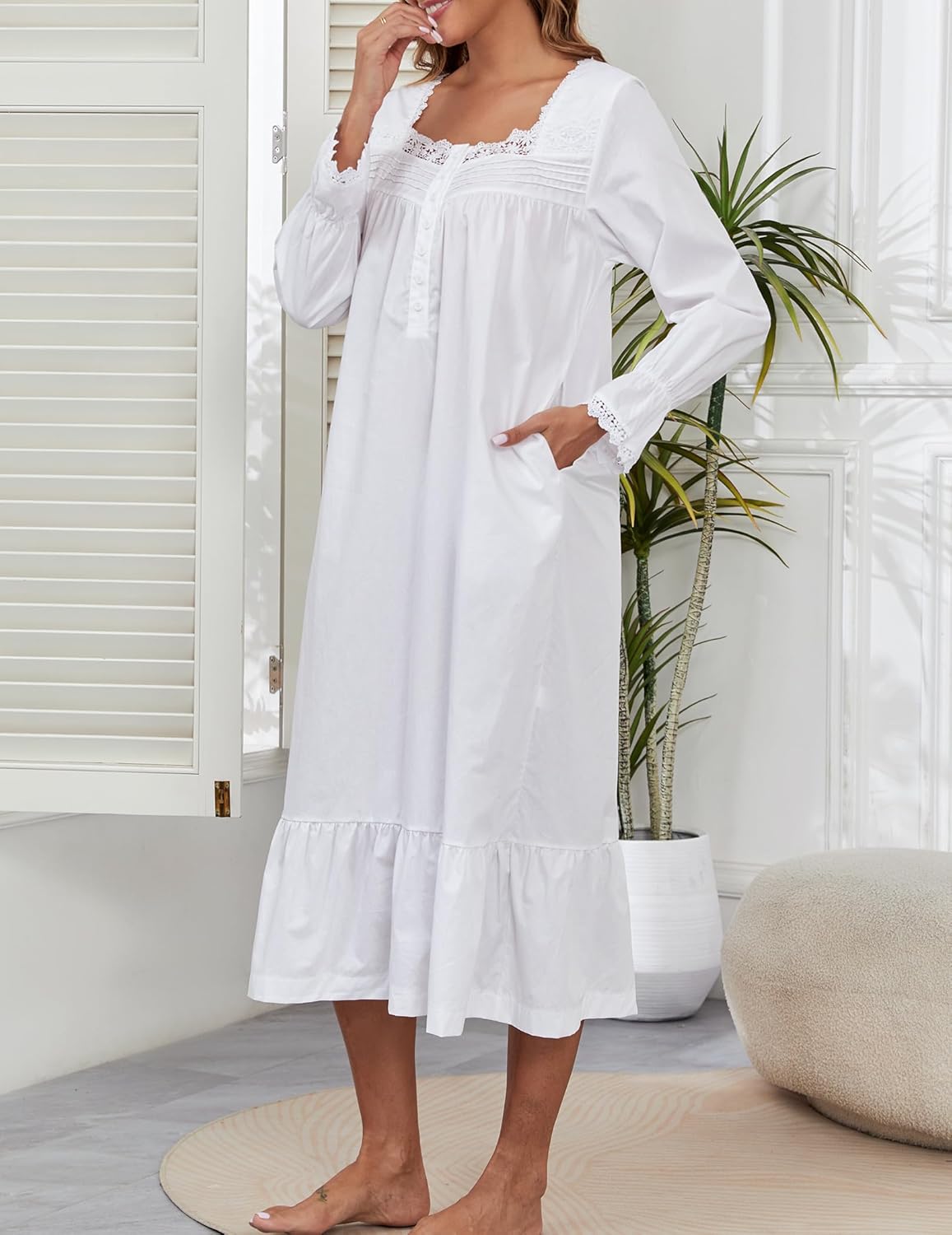 Viakeo 100% Cotton Nightgowns For Women Victorian Night Gown Long Sleeve House Dress With Pockets S-3XL - Image 4