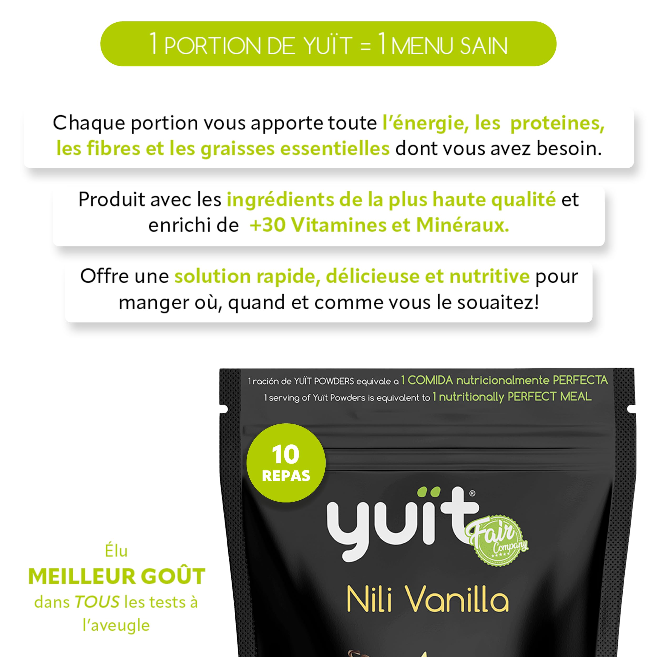YUÏT - Substitut de repas - Shake protéiné - 35g de protéines en poudre + Probiotiques - Aliment 100% naturel - Shake diététique rassasiant - Supplément vitamines, minéraux - (Vainilla- 1kg + SHAKER)