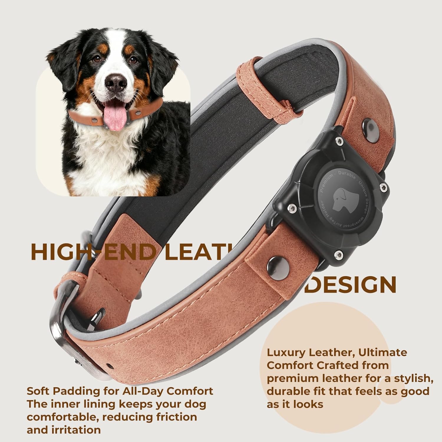 Premium Leather AirTag Dog Collar, 100% Waterproof & Reflective Dog Collar with AirTag Holder – Compatible with Apple Air Tag | Durable, Comfortable Padded GPS Dog Collars（Mahogany Brown-M）