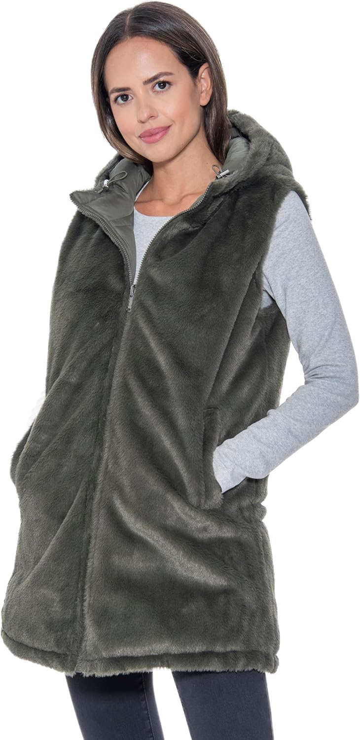 S.E.B Women's Long Reversible Puffer Vest with Hood, Puffy Sleeveless Vest Reverses to Lux Faux Fur for Winter and Fall