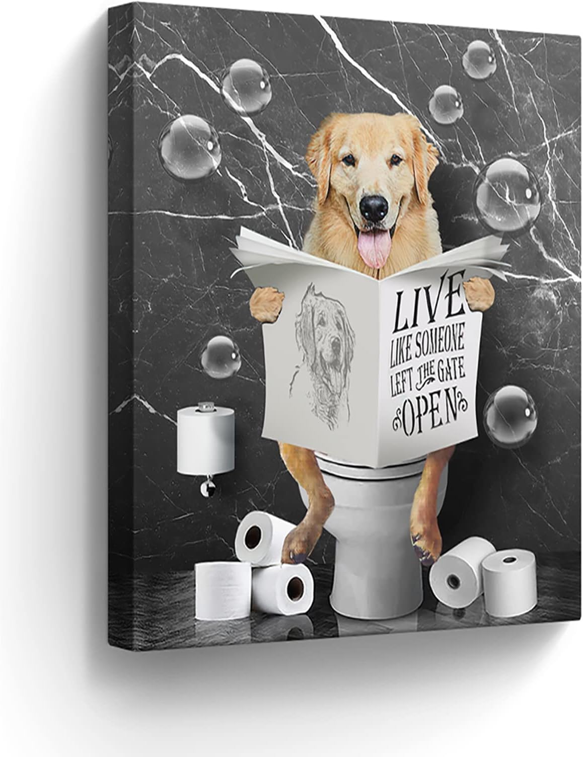 Kateflower Golden Retrievers in Toilet Bathroom Wall Art Funny Pictures Decor Farmhouse Dog Painting for Animals Artwork Framed 12''x16''