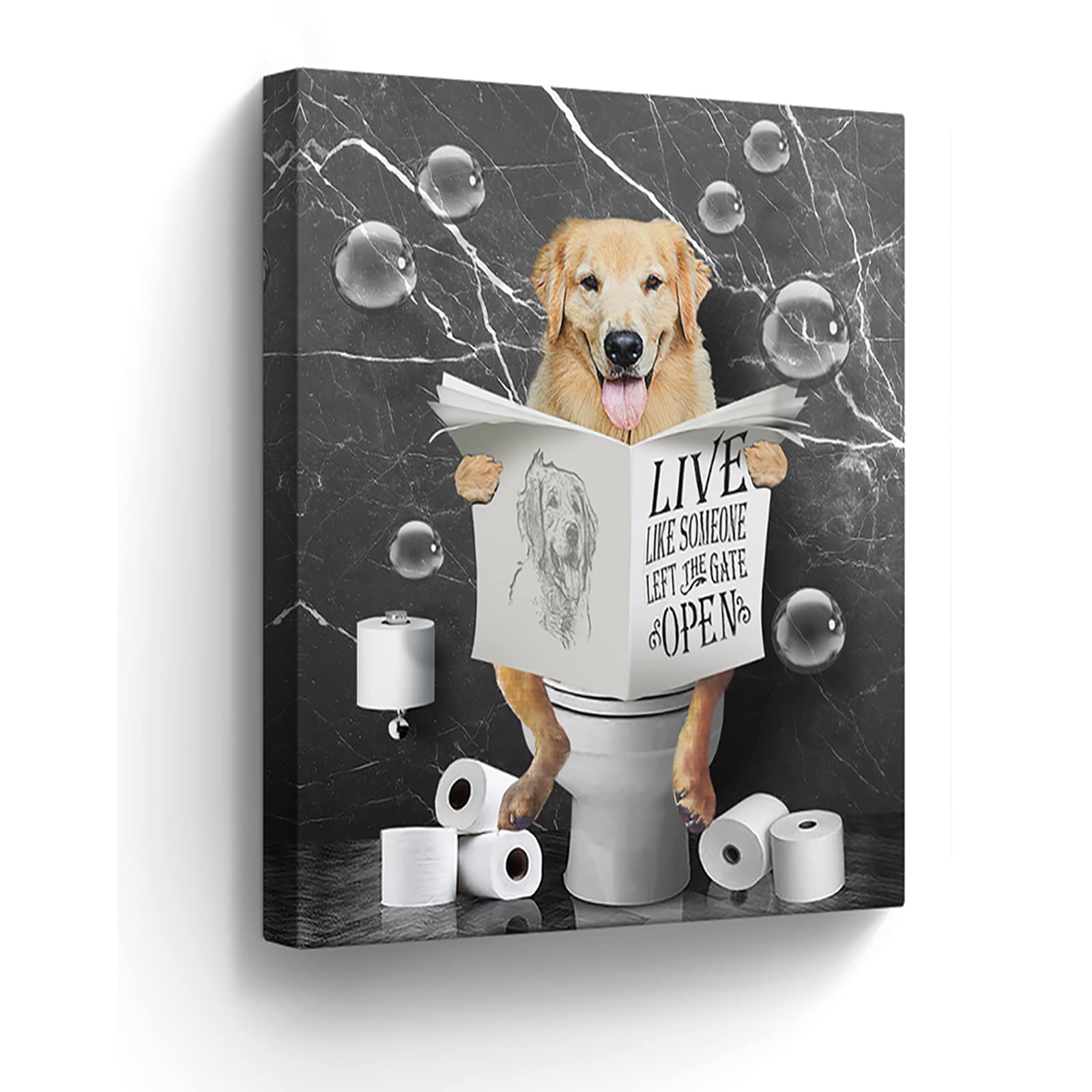 Kateflower Golden Retrievers in Toilet Bathroom Wall Art Funny Pictures Decor Farmhouse Dog Painting for Animals Artwork Framed 12''x16''