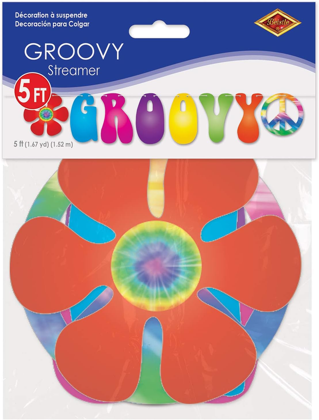 Beistle 60's Party Decorations, Tie-Dyed Groovy Party Streamer 7.5 Inch x 5 Feet, Pack of 12