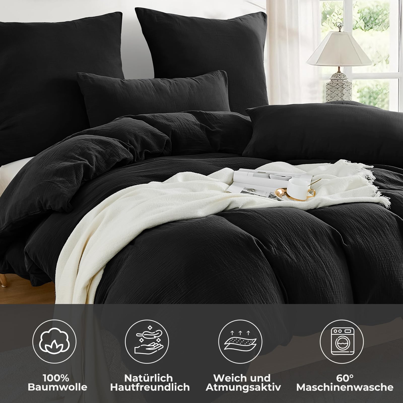 WONGS BEDDING Musselin Bettwäsche 135x200 Schwarz mit 80x80 Kissenbezug