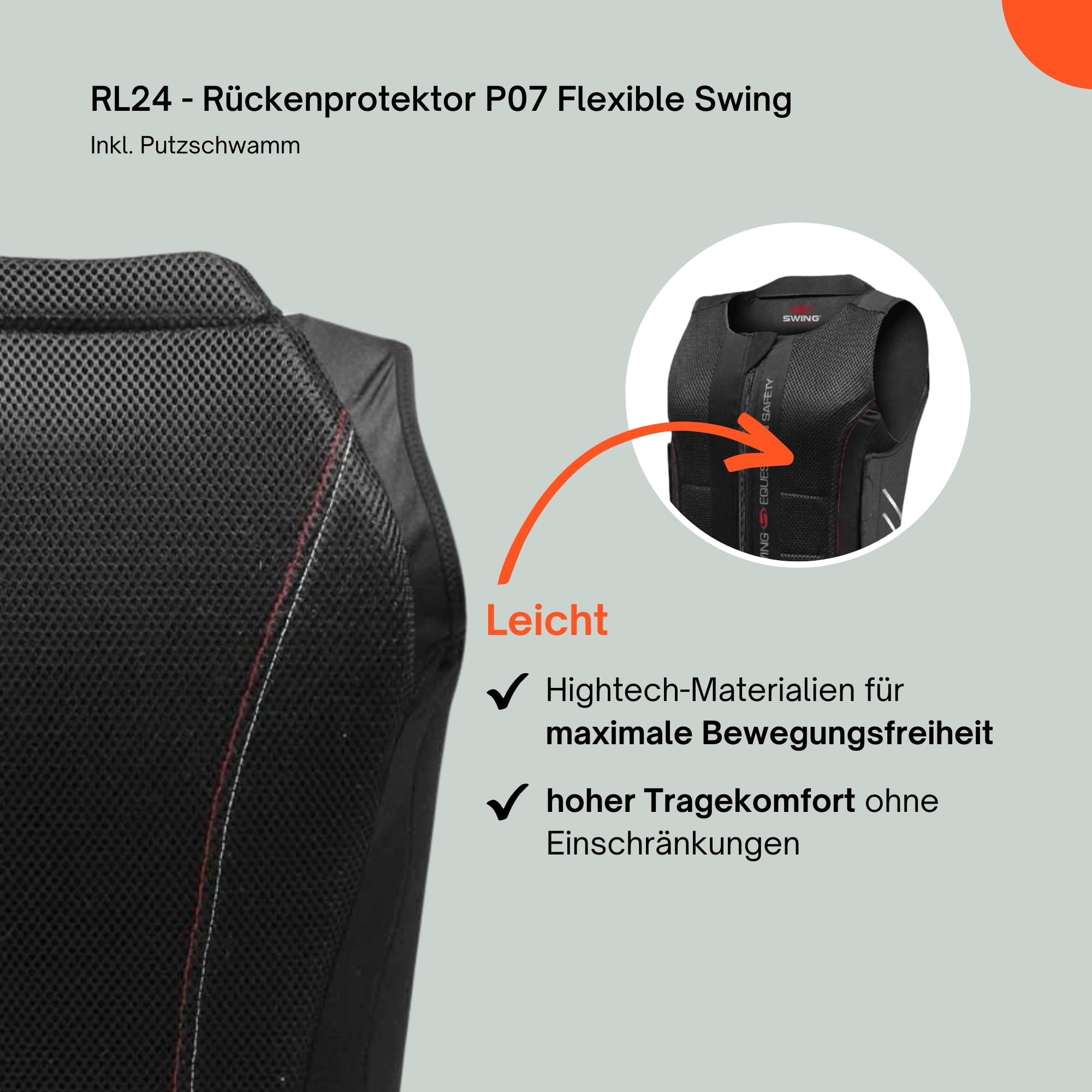 SWING RL24 - Rückenprotektor P07 Flexible Schwarz | Inkl. Putzschwamm – Protektorenweste aus Hightech-Materialien – 360°-Schutz für Wirbelsäule & Steißbein – Reitweste