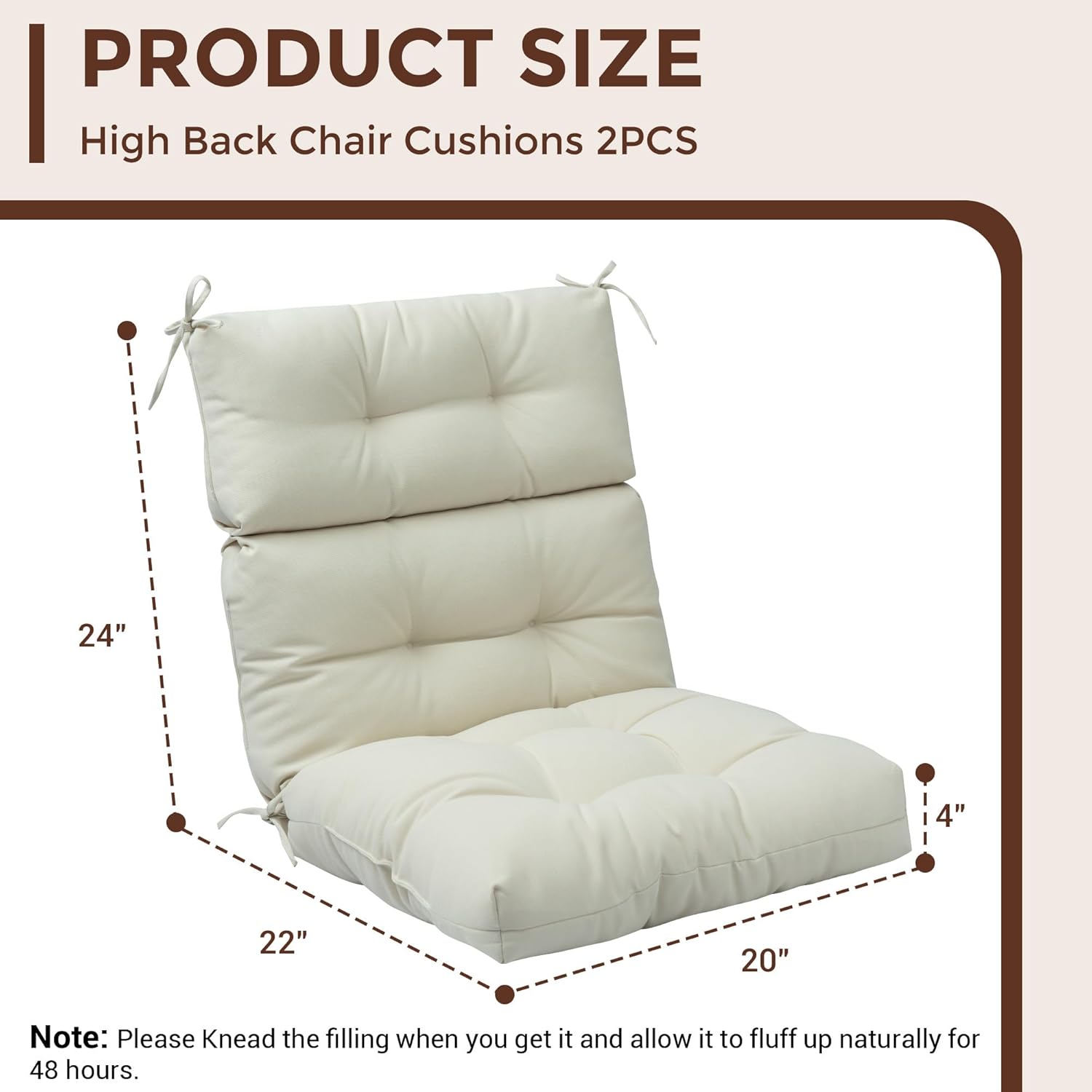 FUNHOME Indoor/Outdoor High Back Chair Cushions Set of 2, Water Resistant Tufted Deep Seat Chair Cushions, Adirondack Cushions for Garden Porch Home Office Chair Use-Cream White