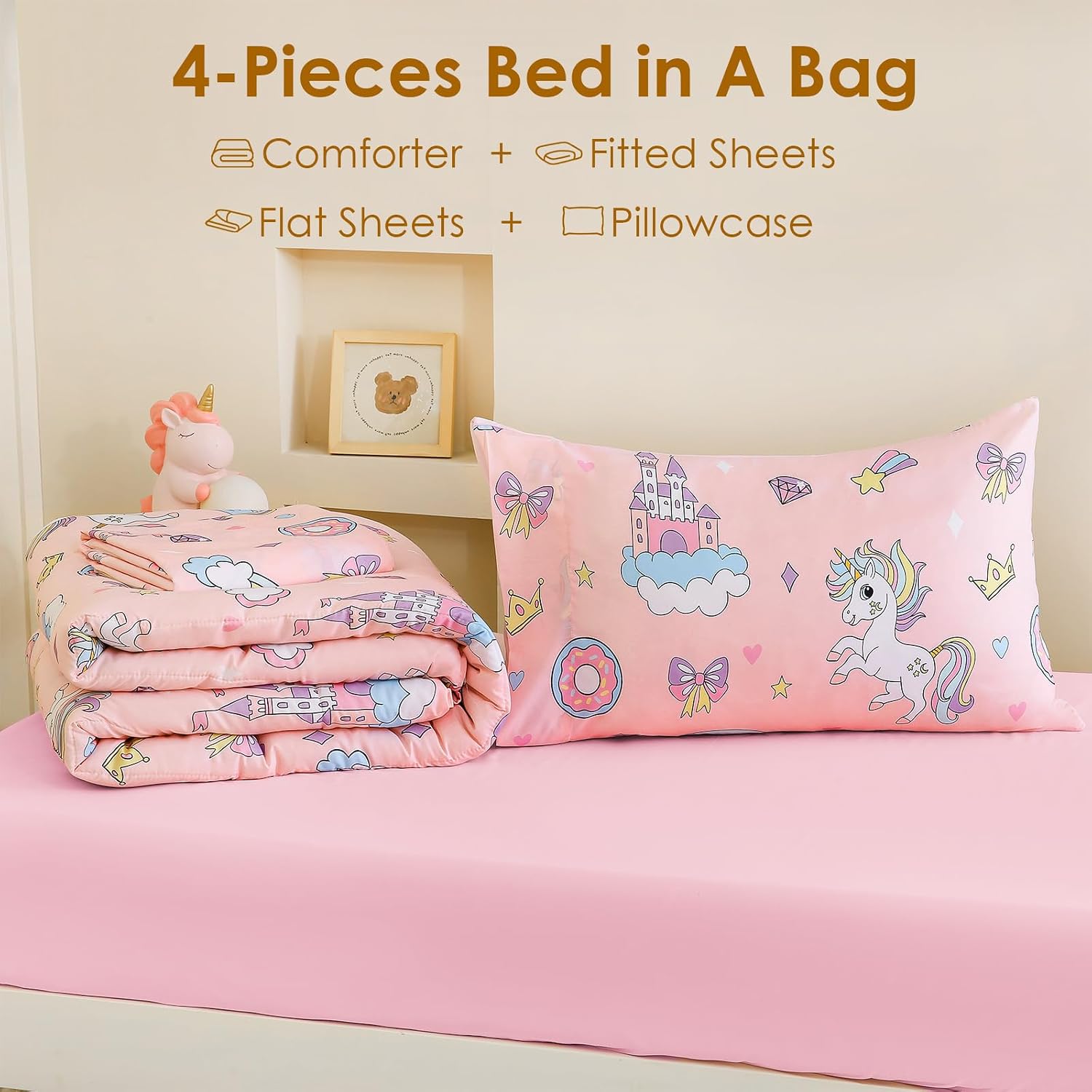 Toddler Size Pink Unicorn Comforter Set for Kids, Toddler, Boys&Girls, 4 Pieces Bed-in-a-Bag Bedding Set, All Season Ultra Soft Oeko TEX Sheets Set with Comforter, (Princess Dream)