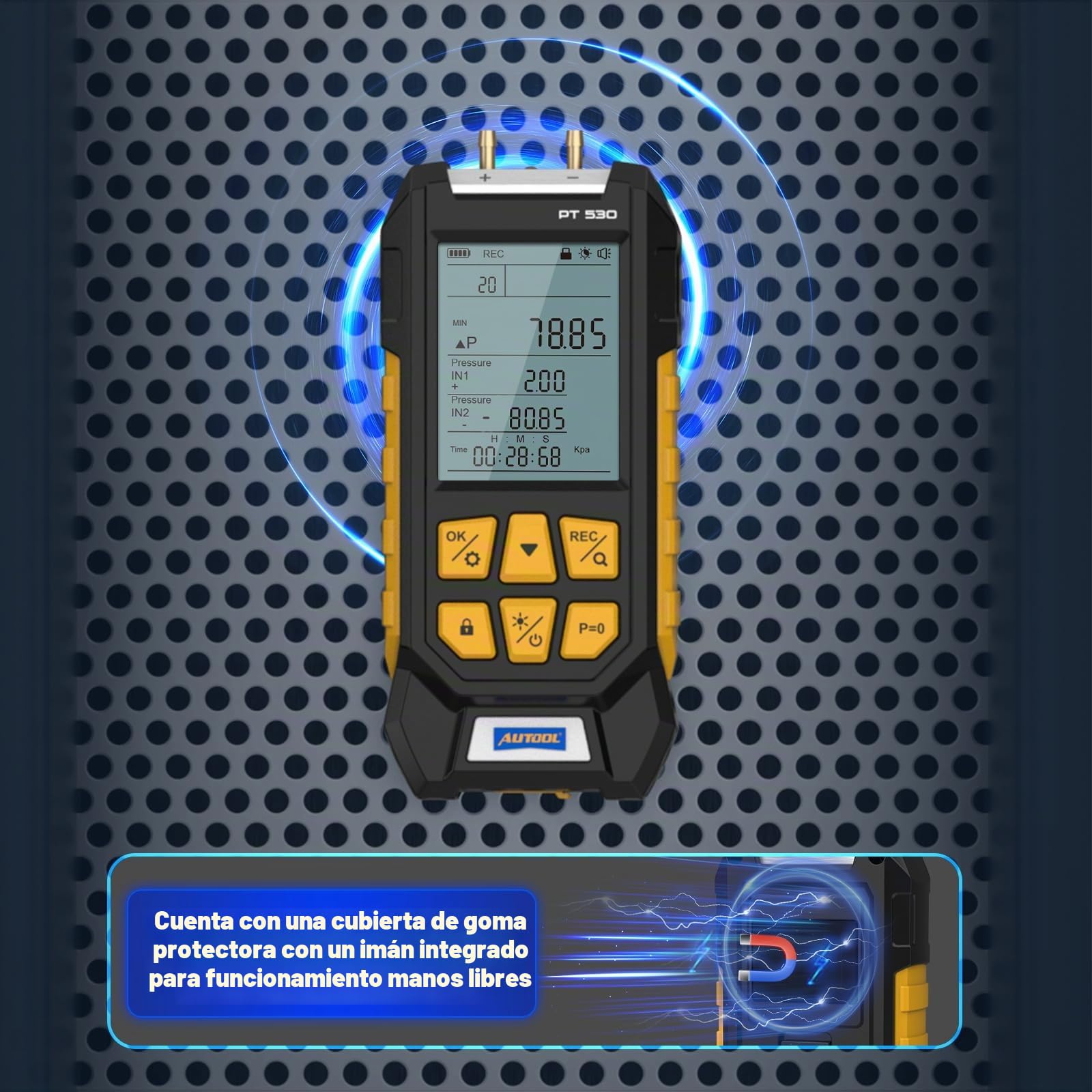 AUTOOL Manómetro de presión de gas, manómetro digital HVAC de -100 a 300 Kpa, manómetro de pieza de campo diferencial dual, bloqueo de datos y almacenamiento con parte trasera magnética, 7 accesorios