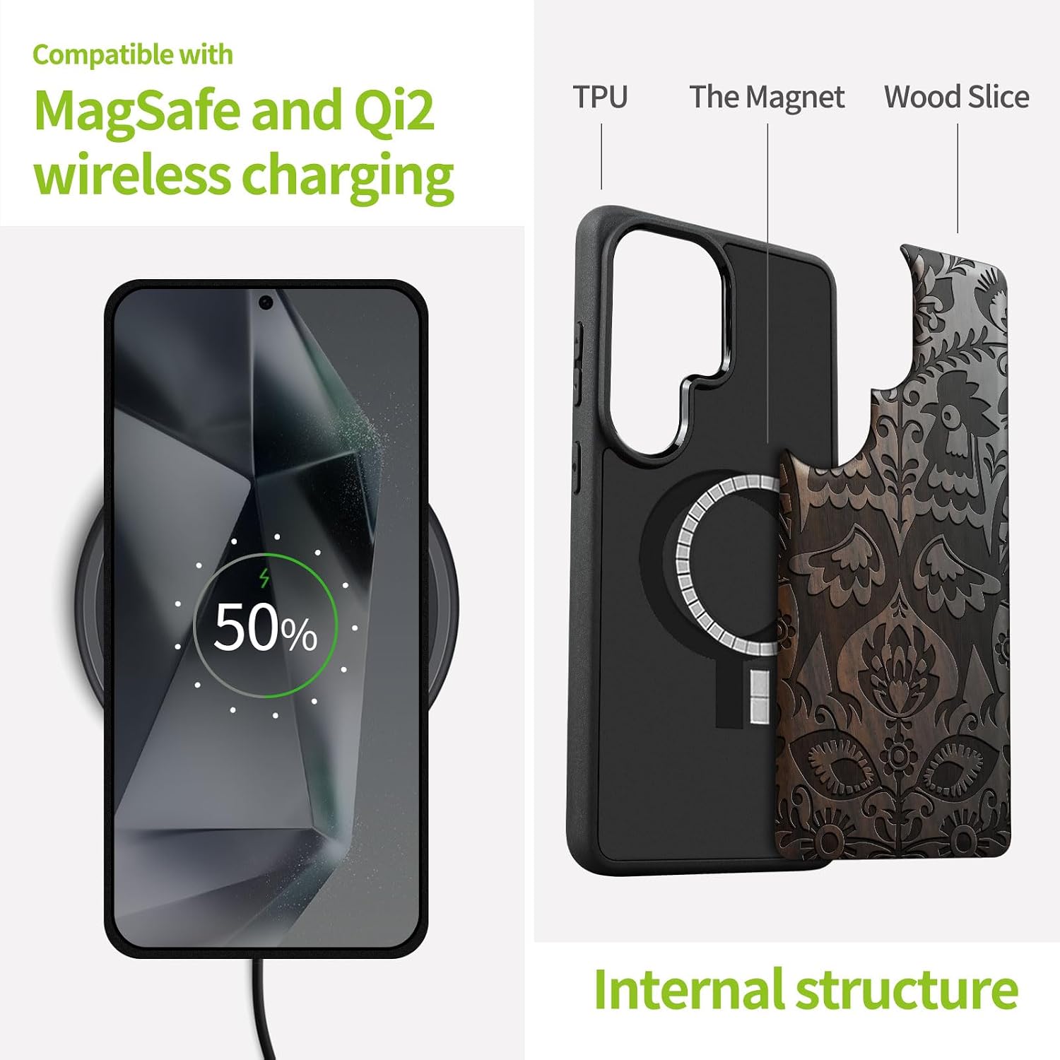 Carveit Magnetic Wooden Case for Samsung Galaxy S26 Ultra Case 2026, TPU Shockproof Cover & Wood Artisan Engraved, Compatible with MagSafe Wireless Chargers (Polish Floral Roosters) Blackwood