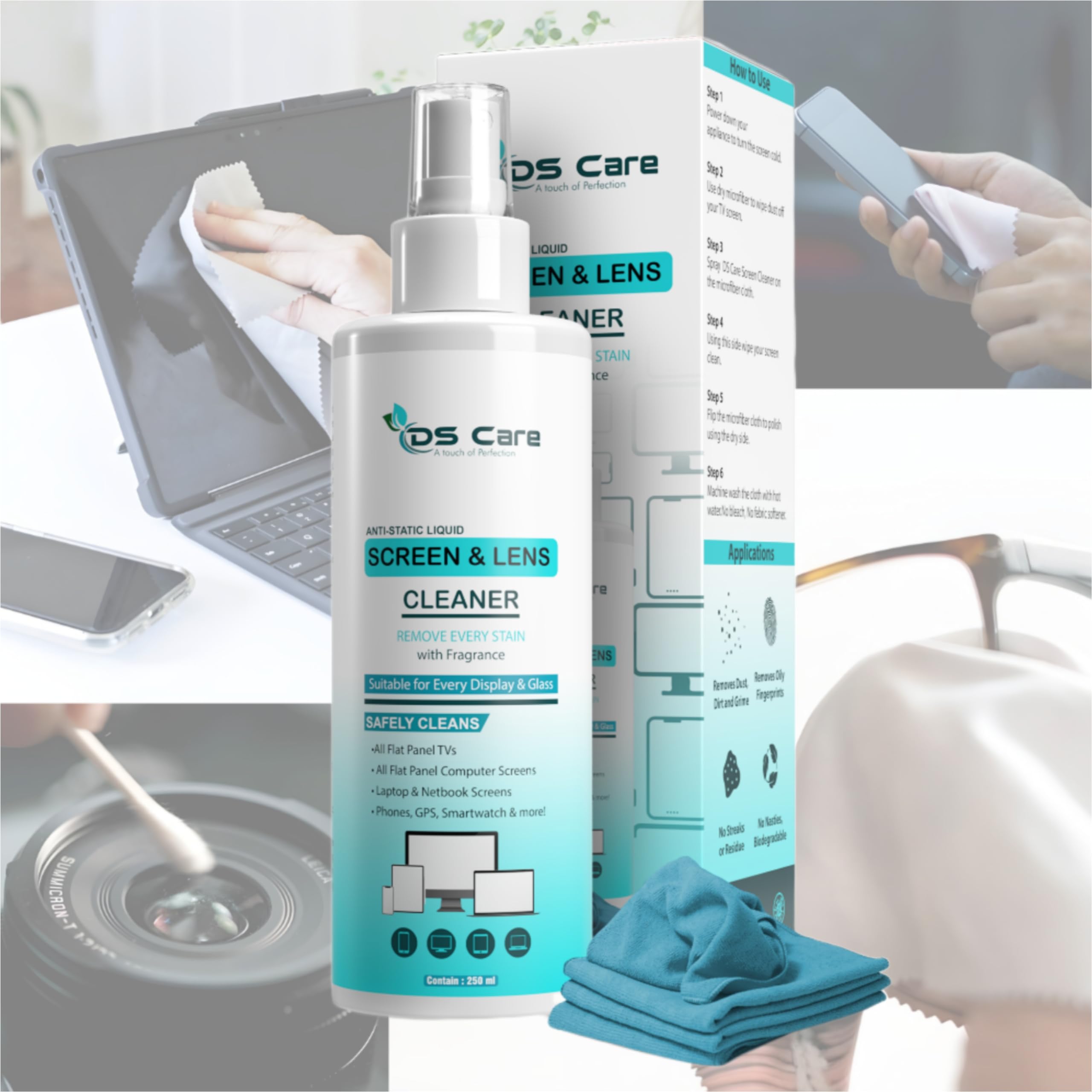 DS Care Lens Cleaner With Microfiber Cloth for Camera, Laptop, TV, Flat Screen, Display, Mobile Phone & Computer - 250ml Cleaning Kit Spray