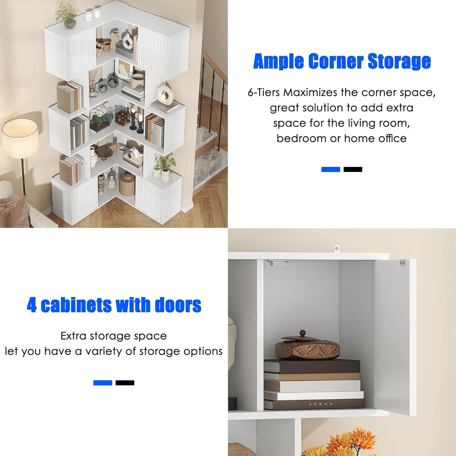 6 Tiers Corner Bookshelf, 71" Display Storage Bookcase, L-Shaped Cube Bookshelf, Modern Display Shelf Standing Unit, Curio Display Bookshelf for Living Room/Home Office/Bedroom, White