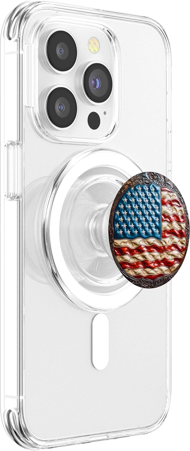 Carved Leather Design Print, US Flag, American Flag, Veteran PopSockets MagSafe PopGrip for iPhone