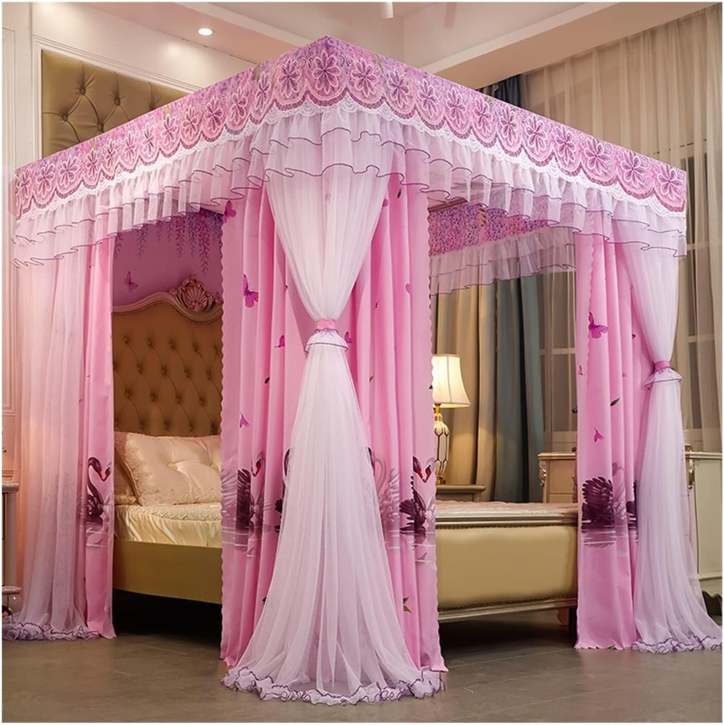 Luxury Bed Canopy for Girls, Decorative Dustproof Blackout Curtain, Romantic 4-Poster Bed Canopy, Privacy Protection, Lace Design,Pink-200x220x200cm