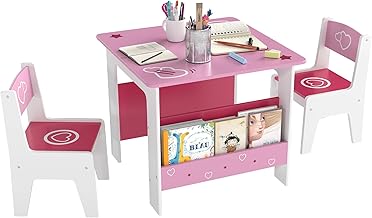 AIYAPLAY Table Set with 2 Chairs for Children, Coffee Table with Integrated Bookshelf, Furniture for Bedroom and Living Room Made of MDF Wood with Heart Designs, Age 3-8 Years, Pink