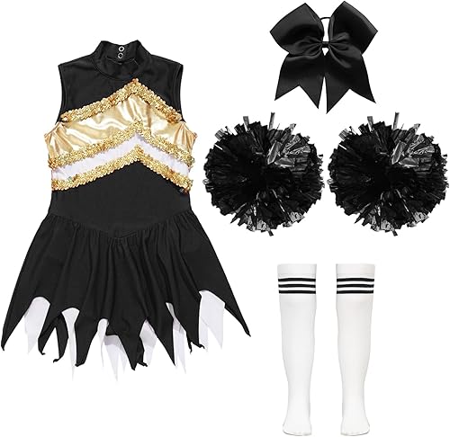 Miniatura 5 de YiZYiF Disfraz de líder de animadora de Halloween para niñas, uniforme de animación, vestido de baile con lentejuelas, con pompones, medias y