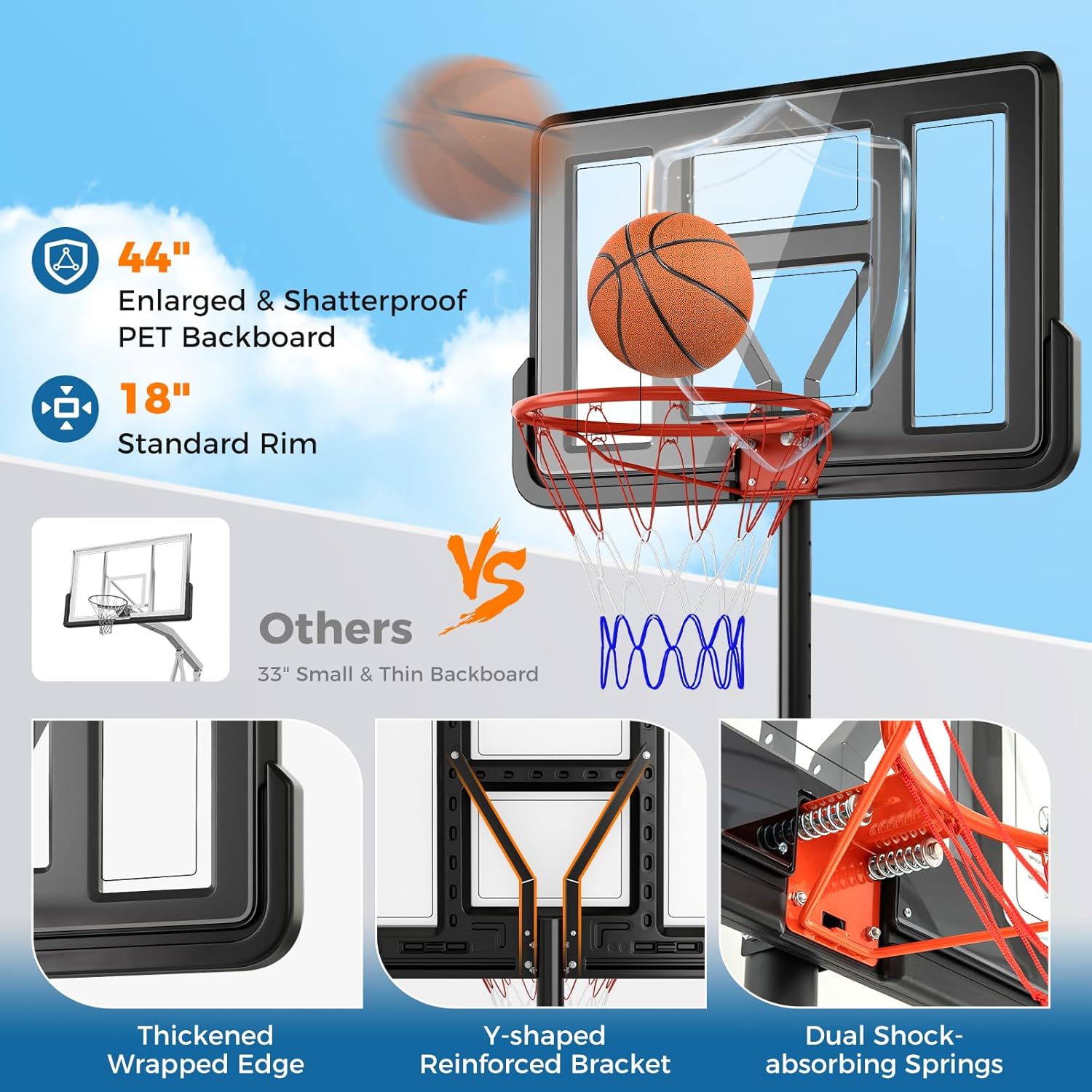 Goplus Portable Basketball Hoop, 10FT Height Adjustable Basketball Goal w/44‘’ Shatterproof Backboard, Outdoor Basketball Stand for Adults Backyard Driveway
