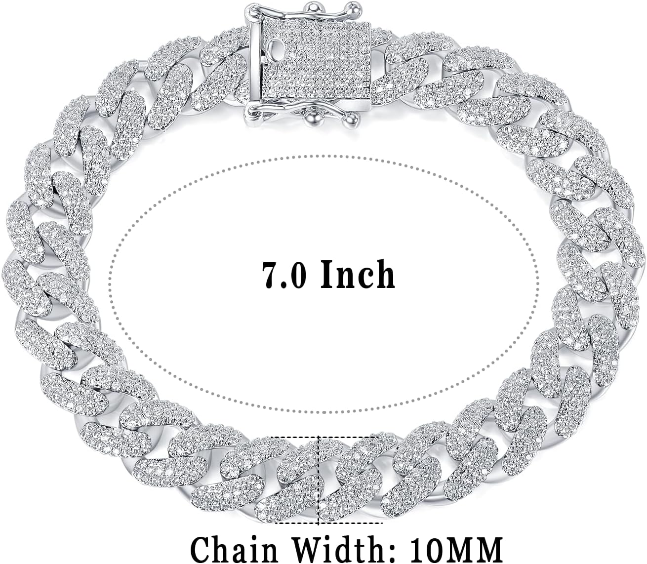 Gemsme 6/8/10/12MM Miami Cuban Link Bracelet for Men Women, 18K White Gold Plated Full Cubic Zirconia Iced Out Curb Chains Bling Hip Hop Link Bracelet Jewelry