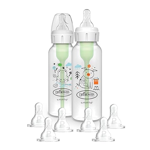 Miniatura 21 de Dr. Brown's Natural Flow Anti-Colic Options+ Biberón estrecho, ardilla y cabra, 8 oz/8.5 fl oz, con boquilla de flujo lento de nivel 1, libre de