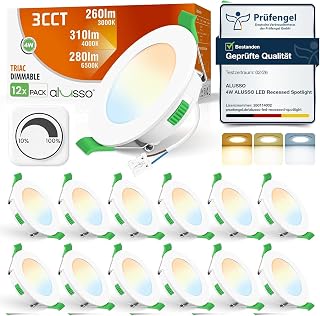 ALUSSO LED Einbaustrahler 68mm Dimmbar, 4W Deckenspots Einbauleuchten LED Spot 230V, Warmweiß 3000K Neutralweiß 4000K Kaltweiß 6500K, IP44 Badezimmer Deckenstrahler für Küche, Wohnzimmer, 12er Set