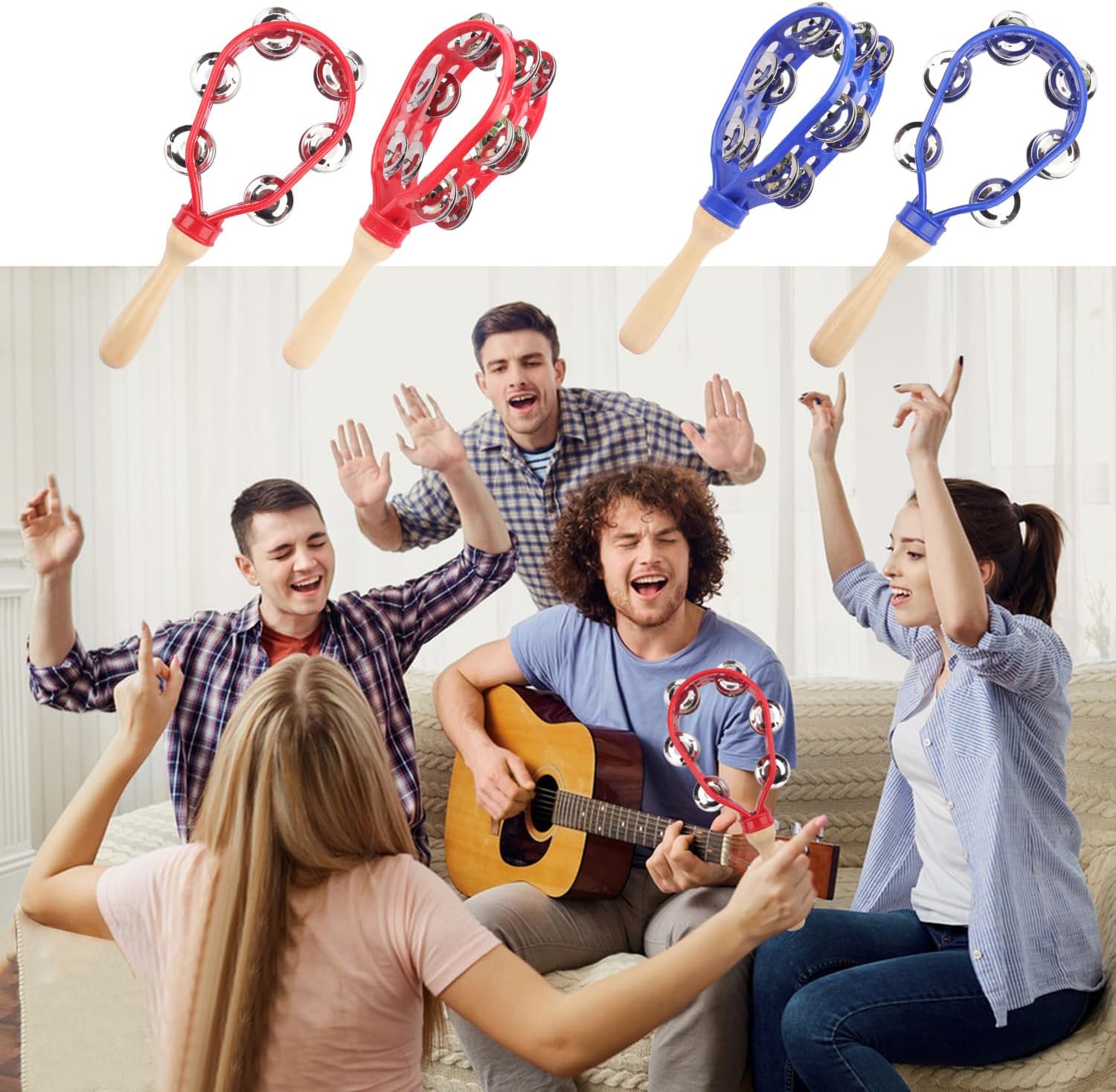 4 Pack 12 Inch Wooden Hand Tambourines for Adults, Double Row Metal Jingles Hand Held Tambourine for Church, Party & Dance, Musical Fun(2 Blue & 2 Red)